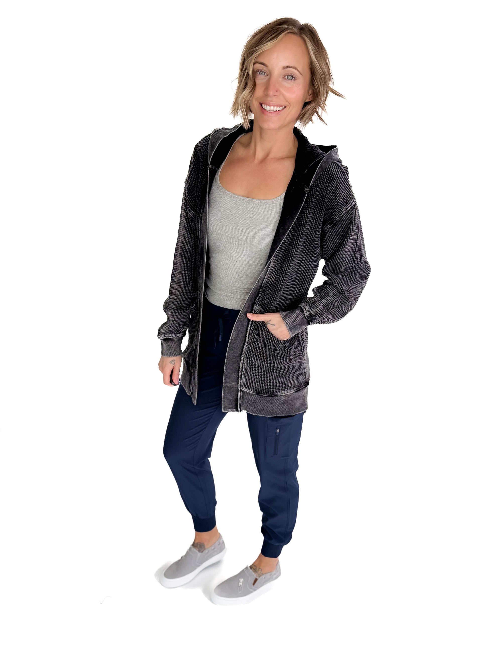 MONO B Lainey Waffle Knit Mineral Washed Cardigan- BLACK