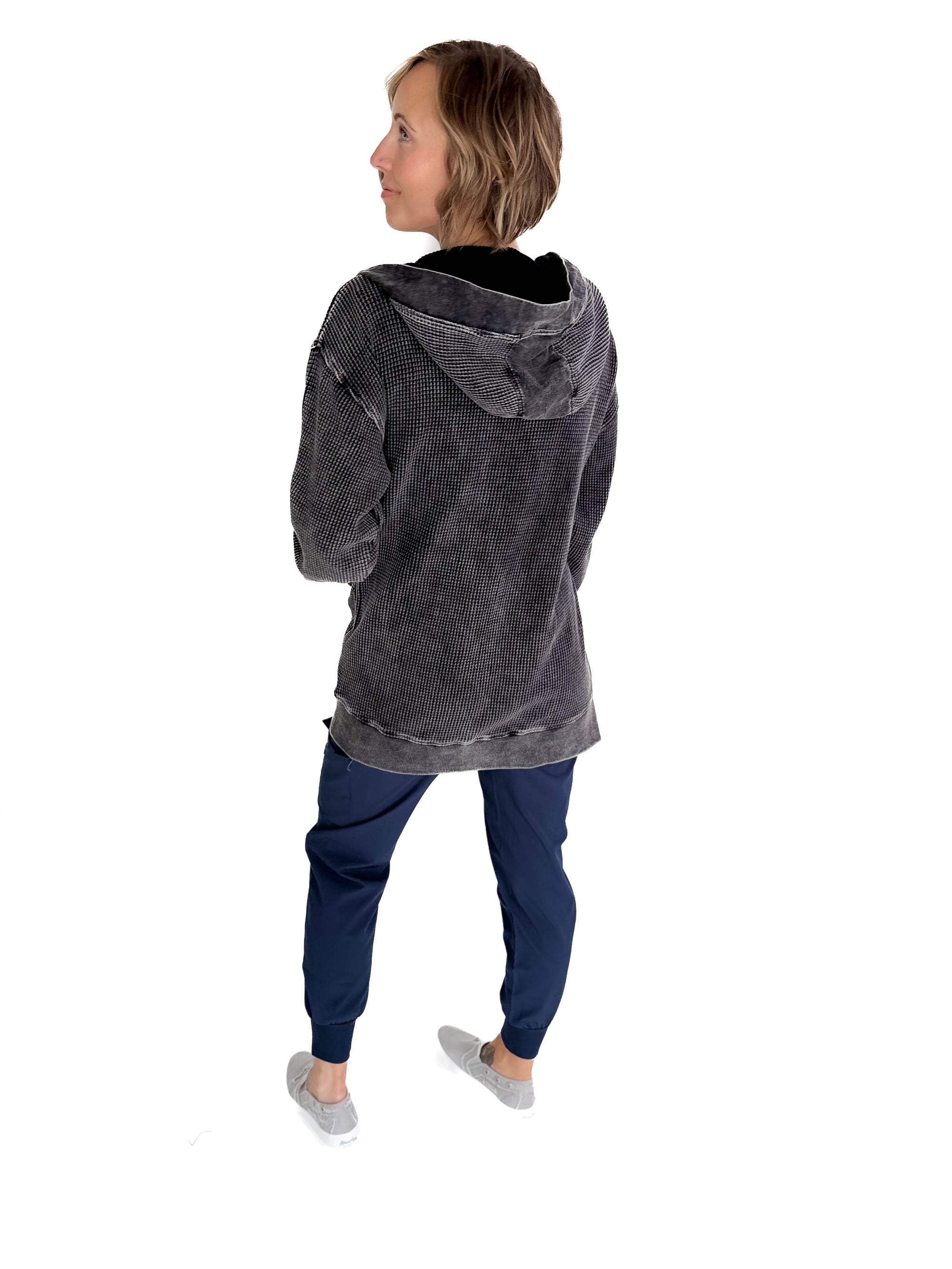 MONO B Lainey Waffle Knit Mineral Washed Cardigan- BLACK