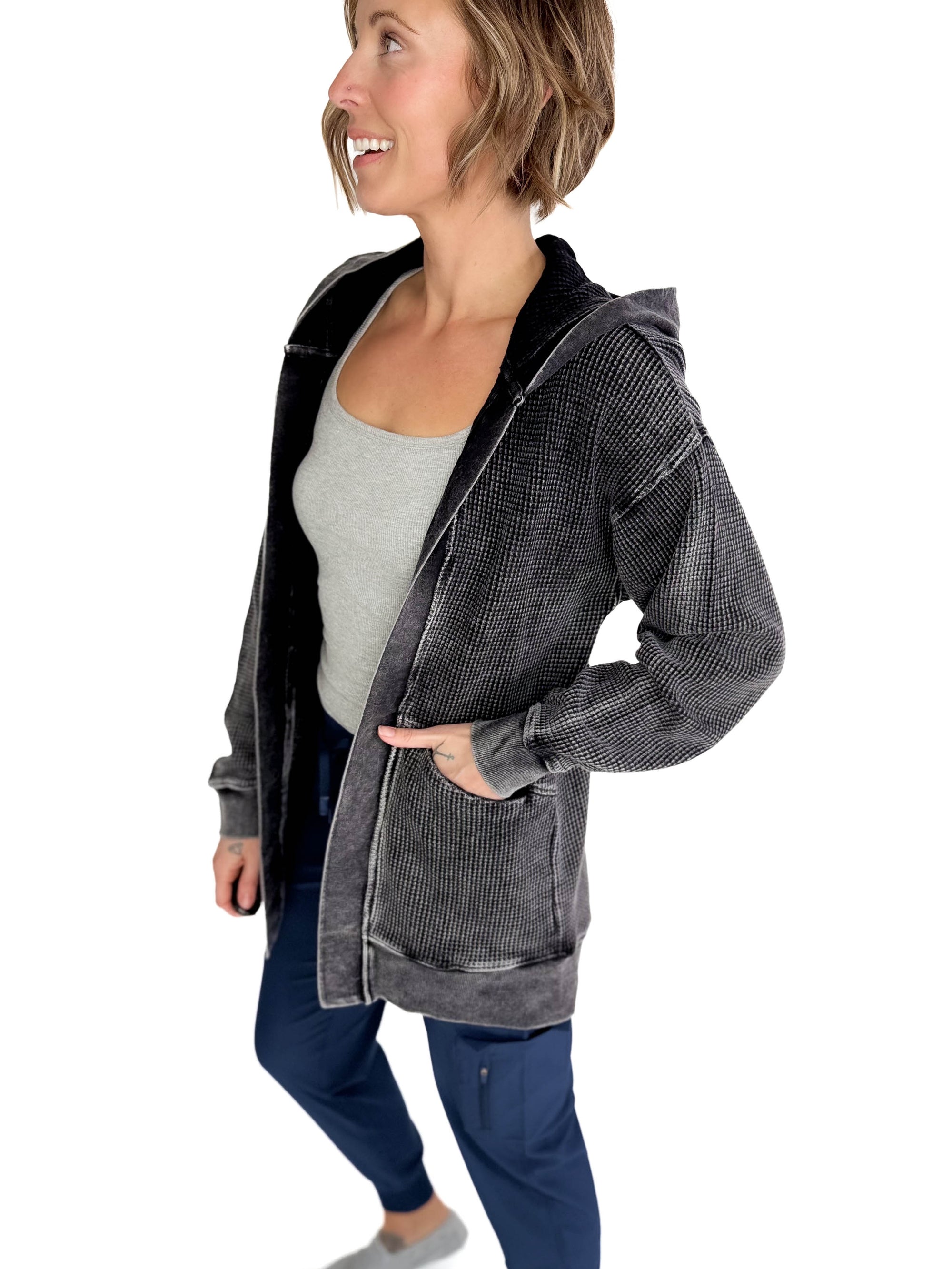 MONO B Lainey Waffle Knit Mineral Washed Cardigan- BLACK