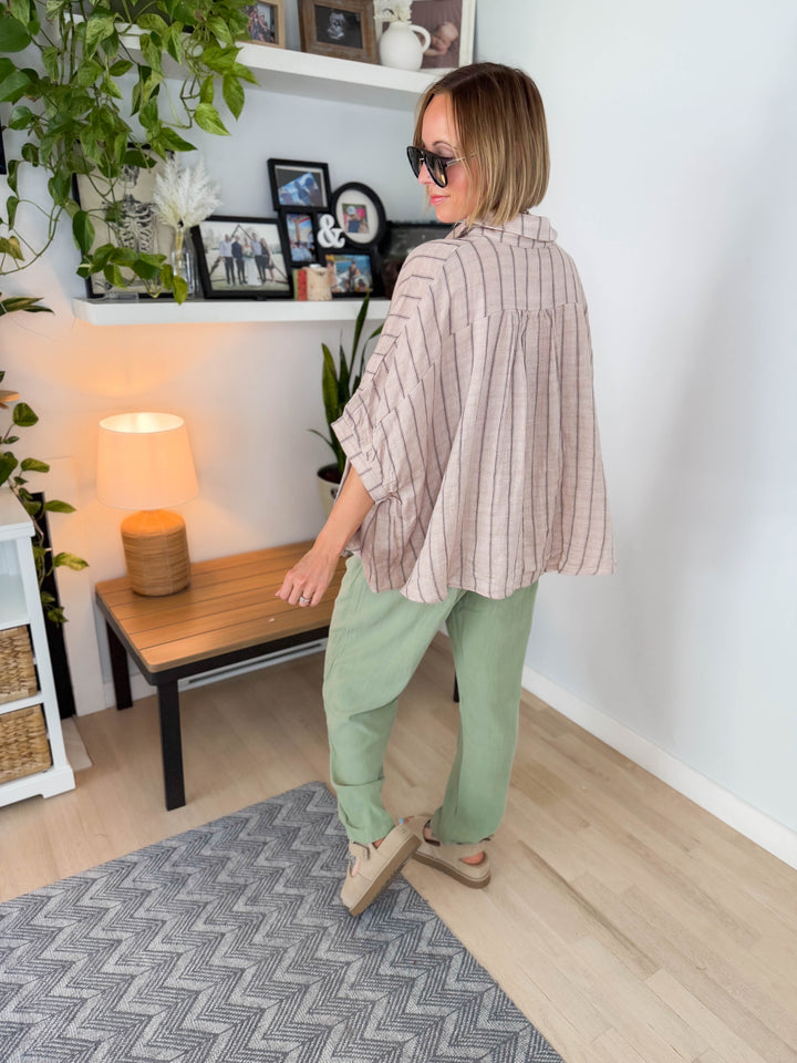 Farah Oversized Striped Cotton Blouse- LATTE