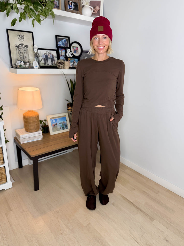Mari Stretch Cotton Long Sleeve Crossover Set- MOCHA