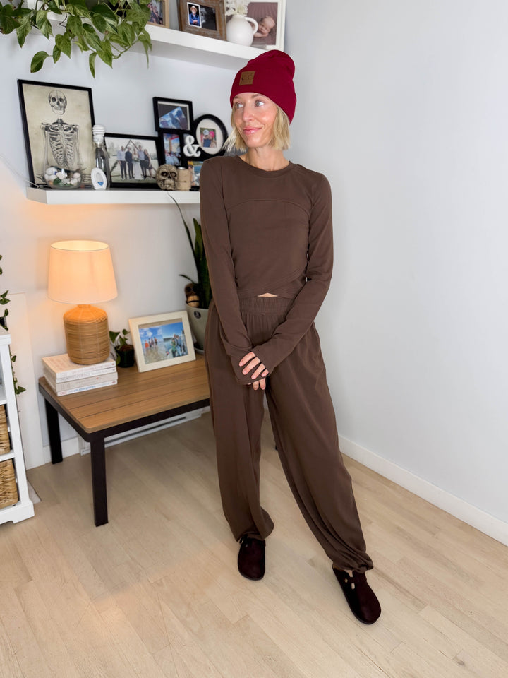 Mari Stretch Cotton Long Sleeve Crossover Set- MOCHA