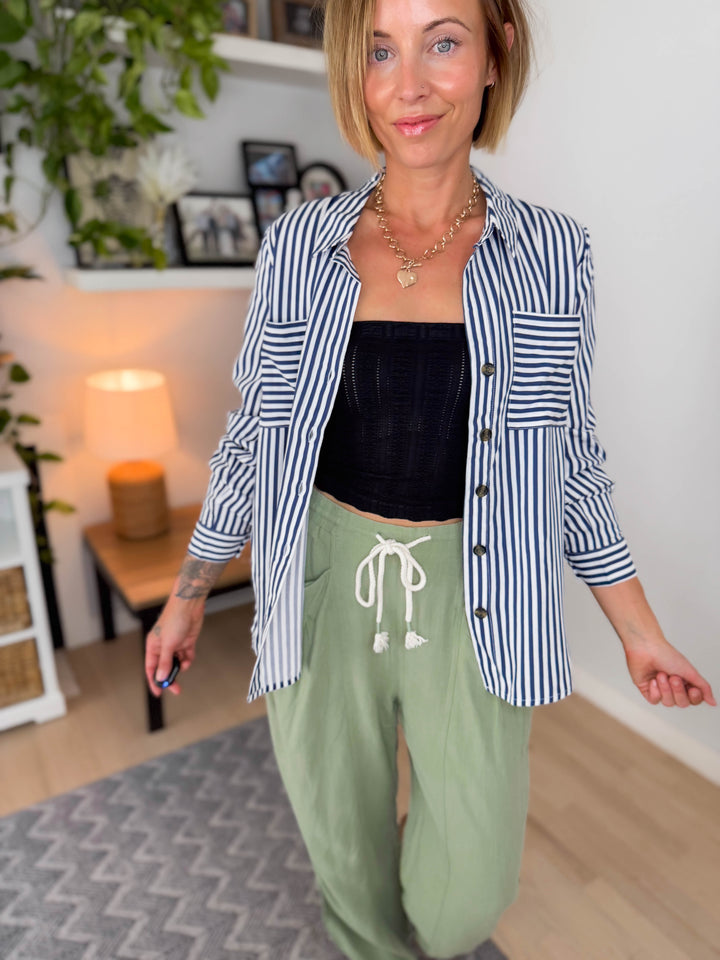 ONLY Yasmina Button Down Shirt- NAVY STRIPE