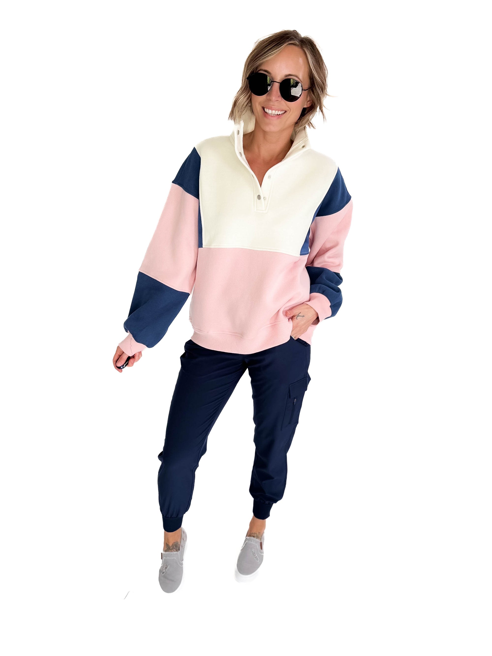 Gloria Premium Fleece Colorblock Pullover- PINK/NAVY