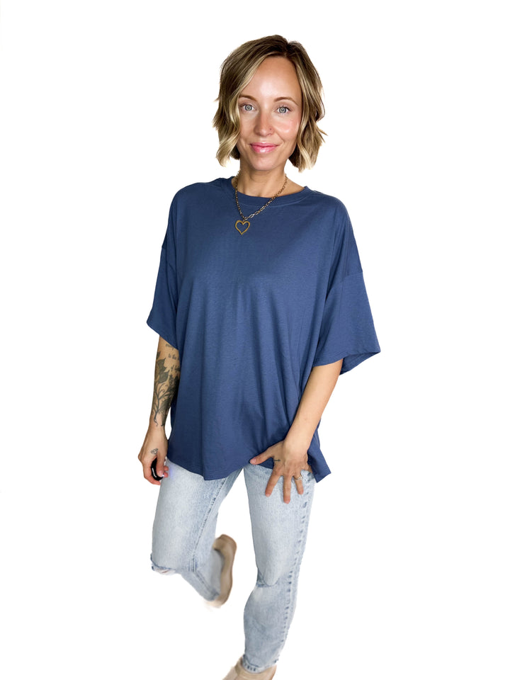 Snow Cap Oversized Cotton Tee- DUSTY NAVY