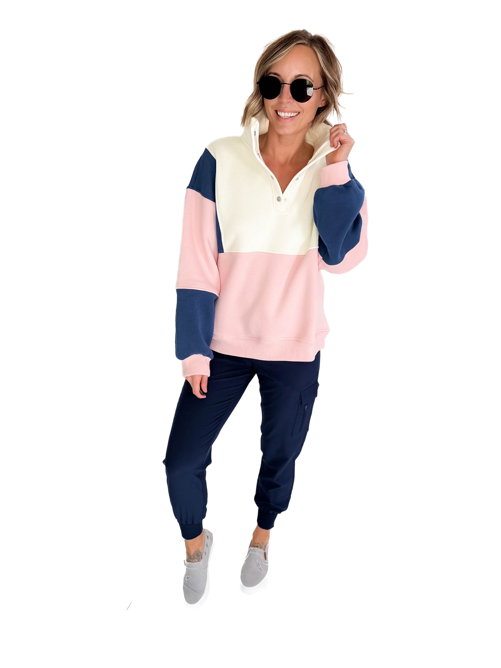 Gloria Premium Fleece Colorblock Pullover- PINK/NAVY