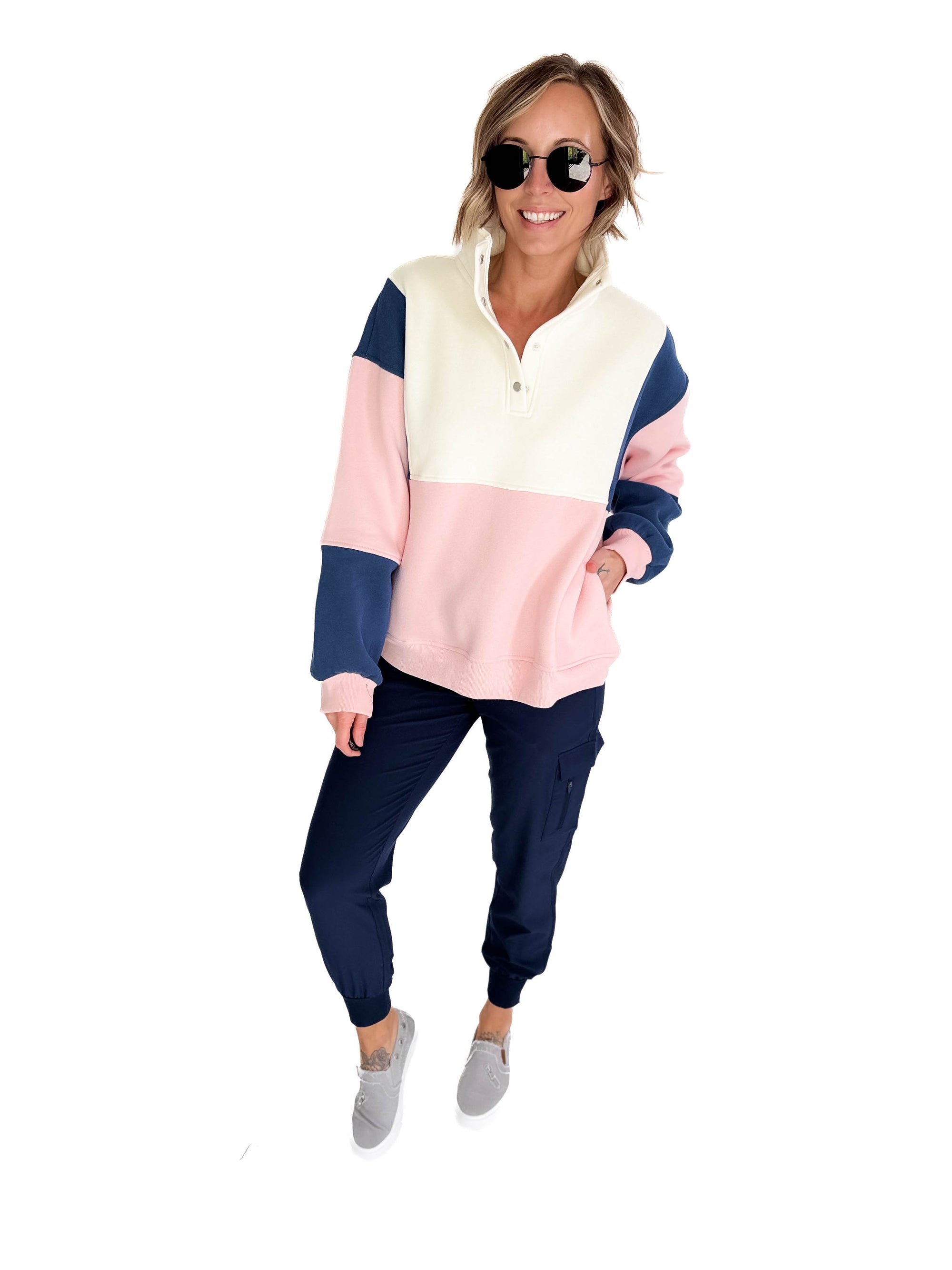 Gloria Premium Fleece Colorblock Pullover- PINK/NAVY