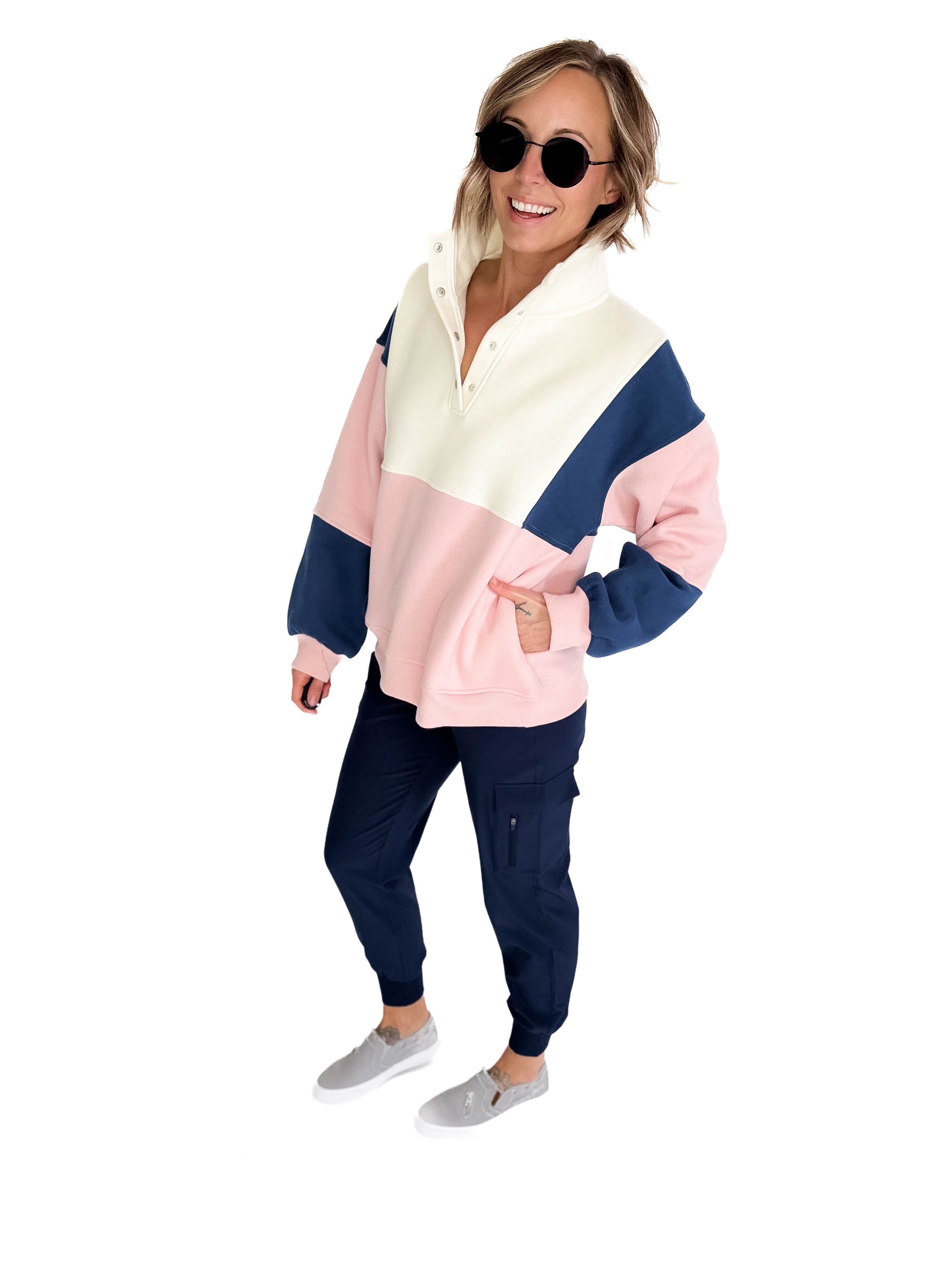 Gloria Premium Fleece Colorblock Pullover- PINK/NAVY