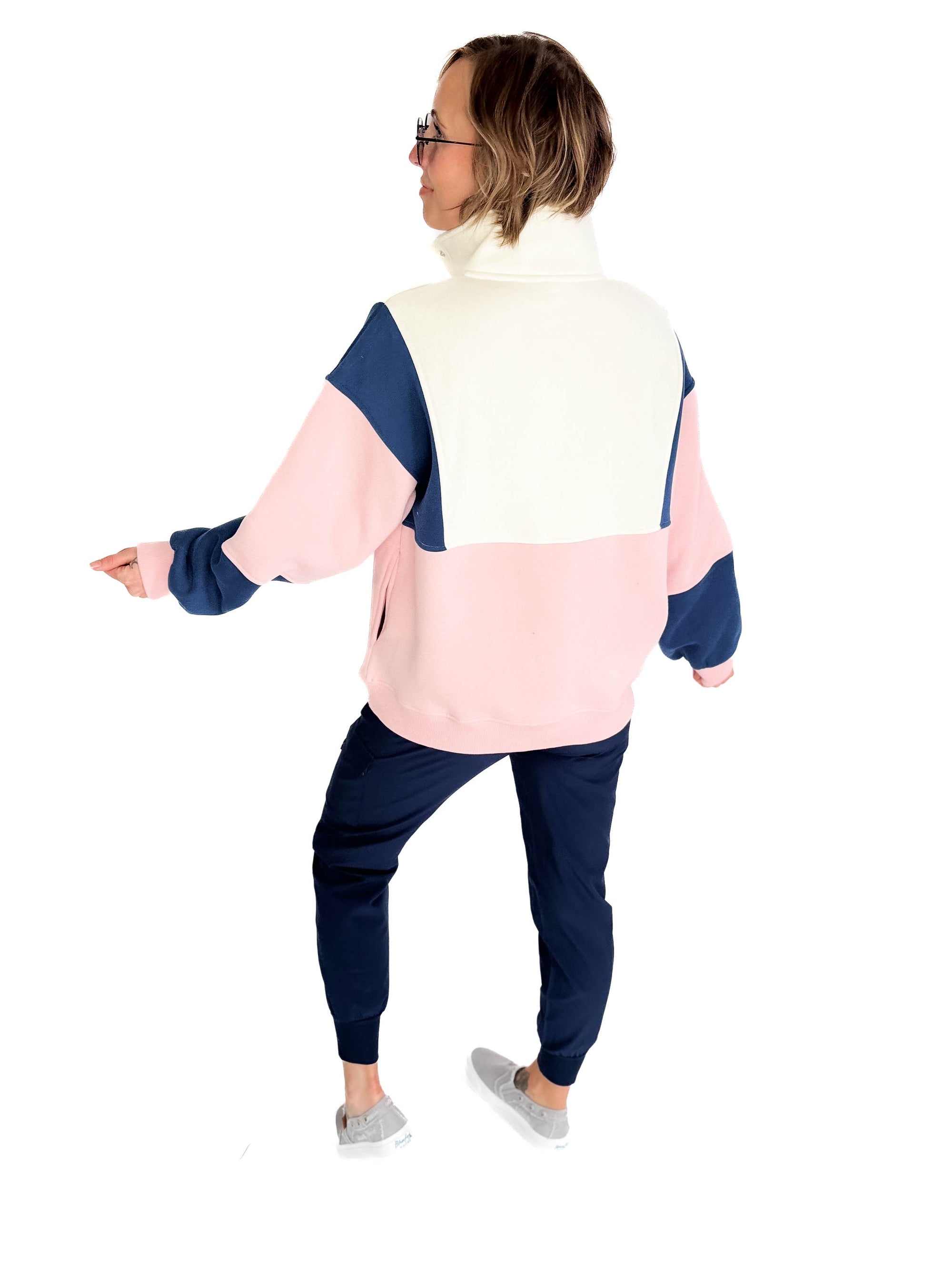 Gloria Premium Fleece Colorblock Pullover- PINK/NAVY