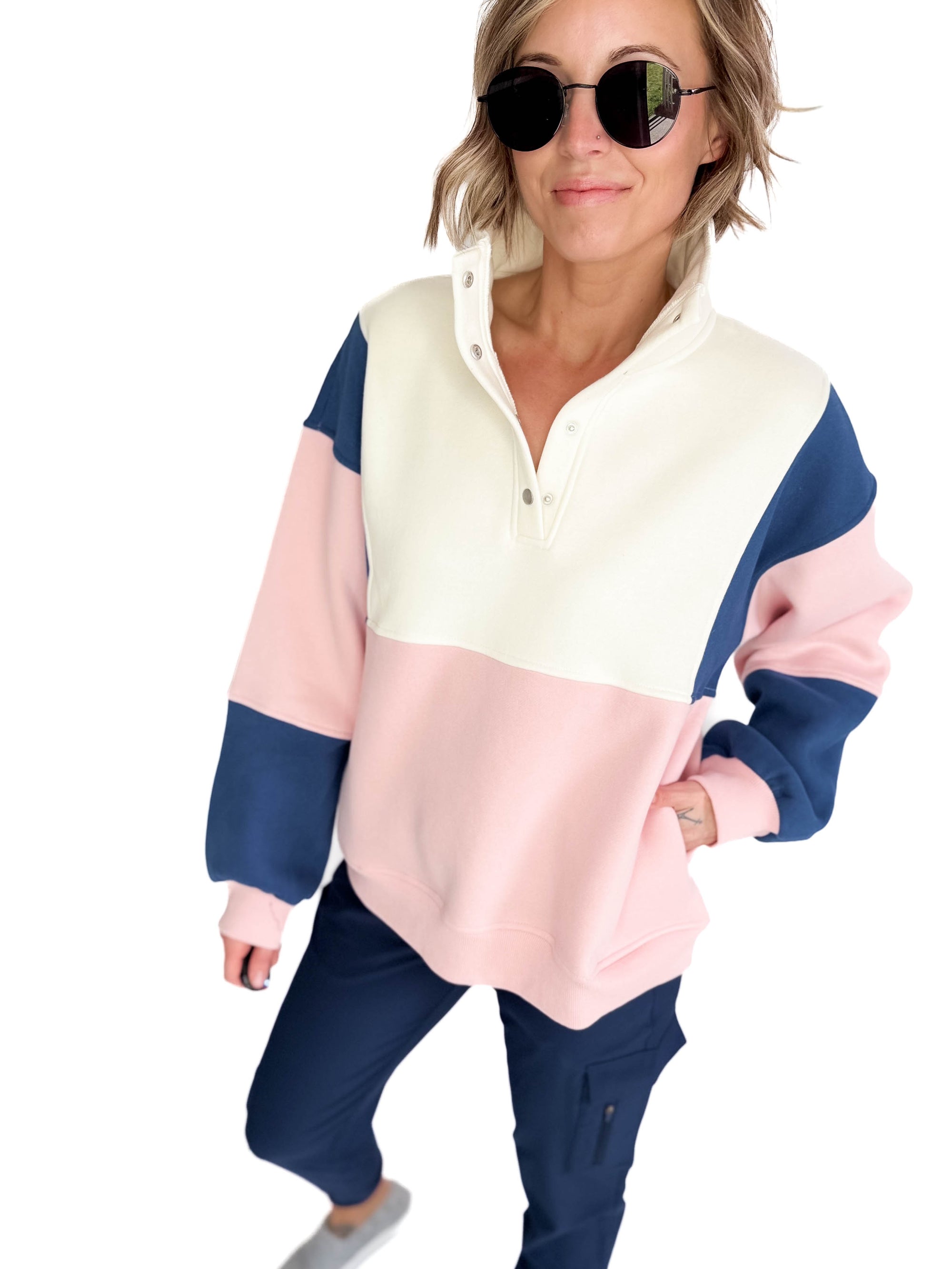 Gloria Premium Fleece Colorblock Pullover- PINK/NAVY