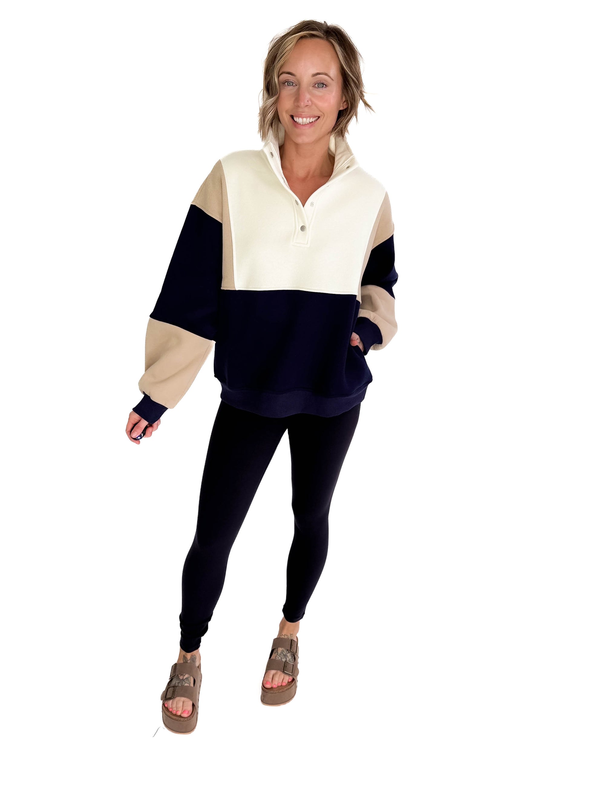 Gloria Premium Fleece Colorblock Pullover- NAVY/TAUPE