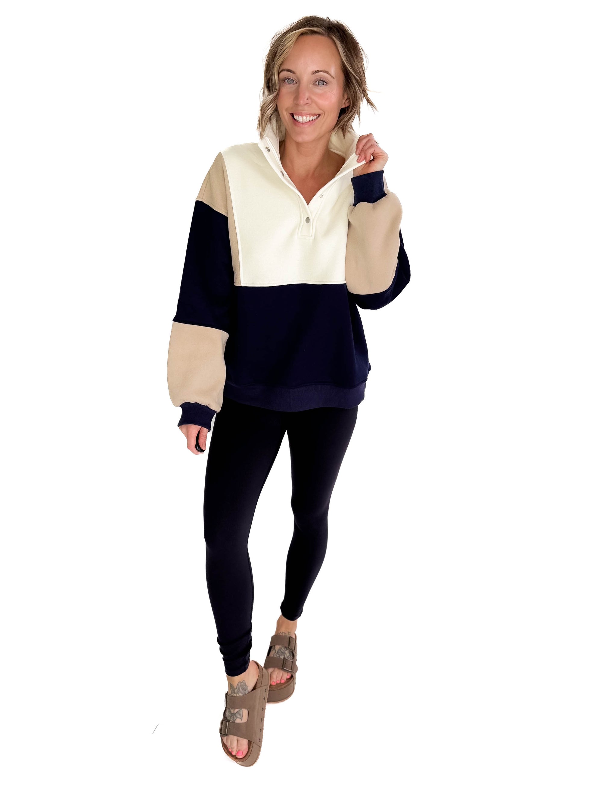 Gloria Premium Fleece Colorblock Pullover- NAVY/TAUPE