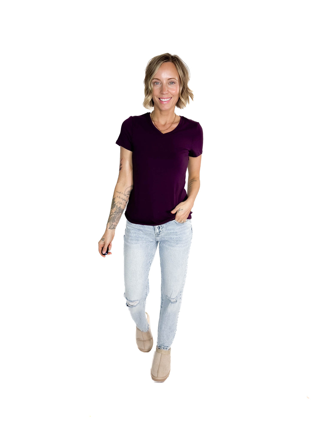 Alder Stretch Cotton V-Neck Tee- PLUM