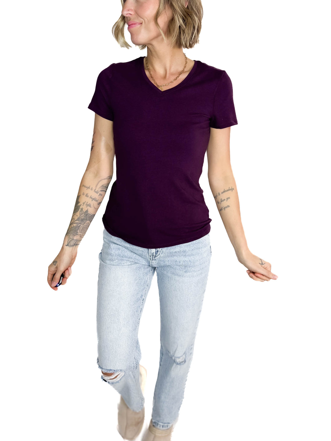 Alder Stretch Cotton V-Neck Tee- PLUM