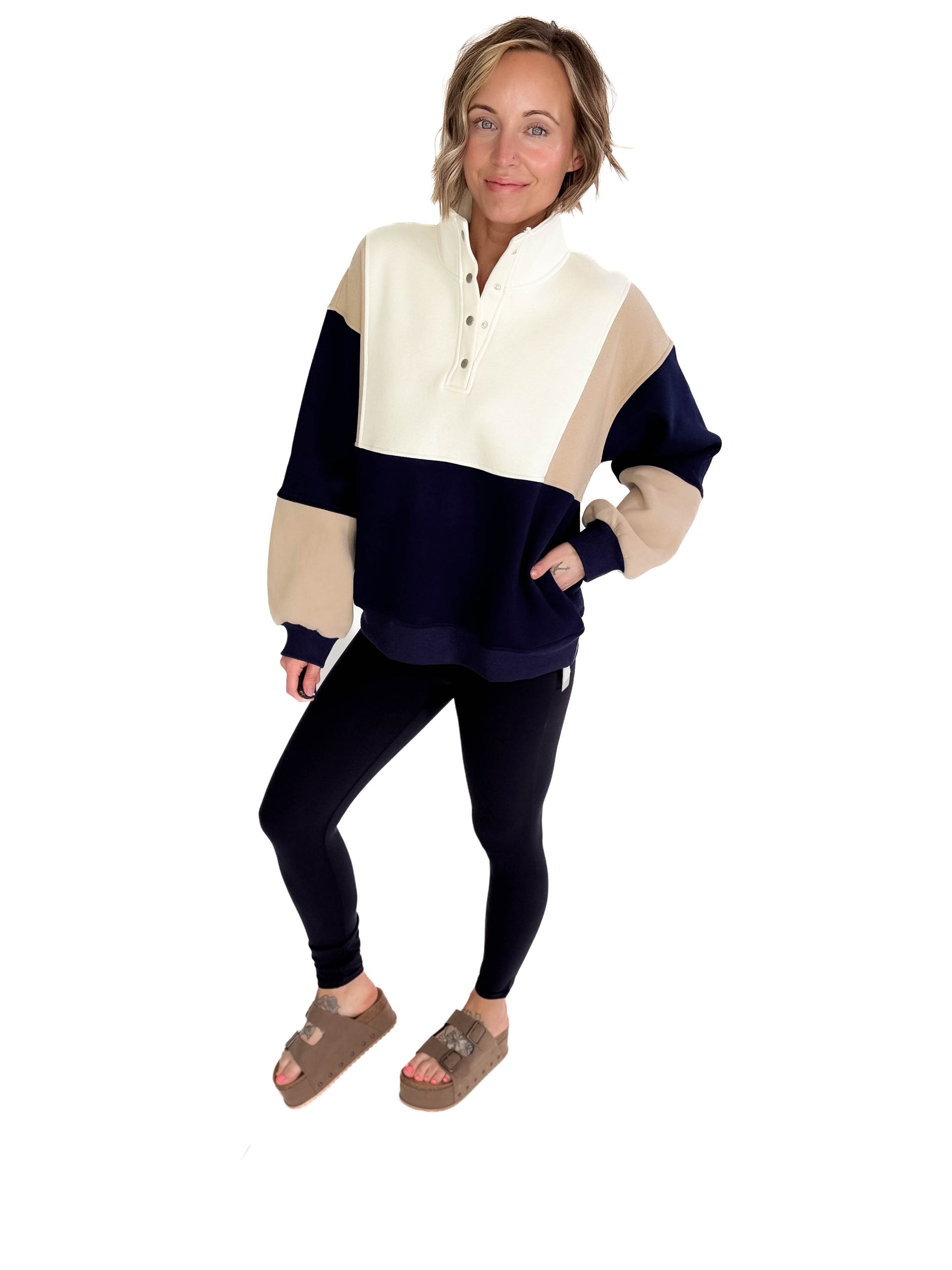 Gloria Premium Fleece Colorblock Pullover- NAVY/TAUPE