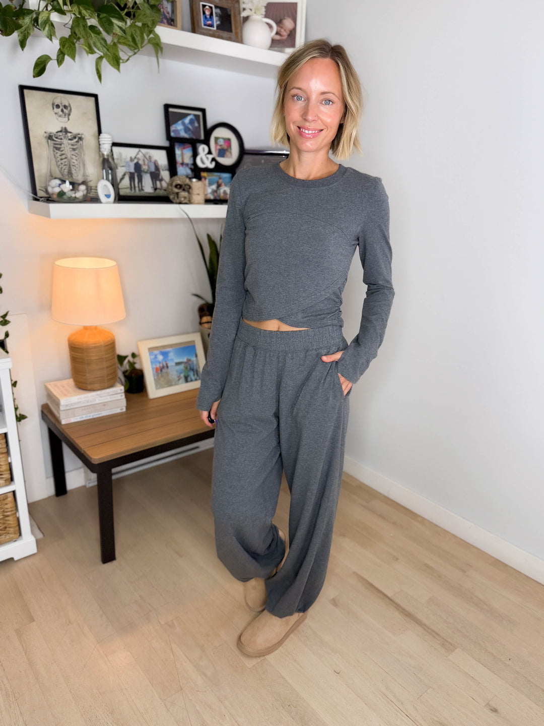 Mari Stretch Cotton Long Sleeve Crossover Set- HTHR CHARCOAL