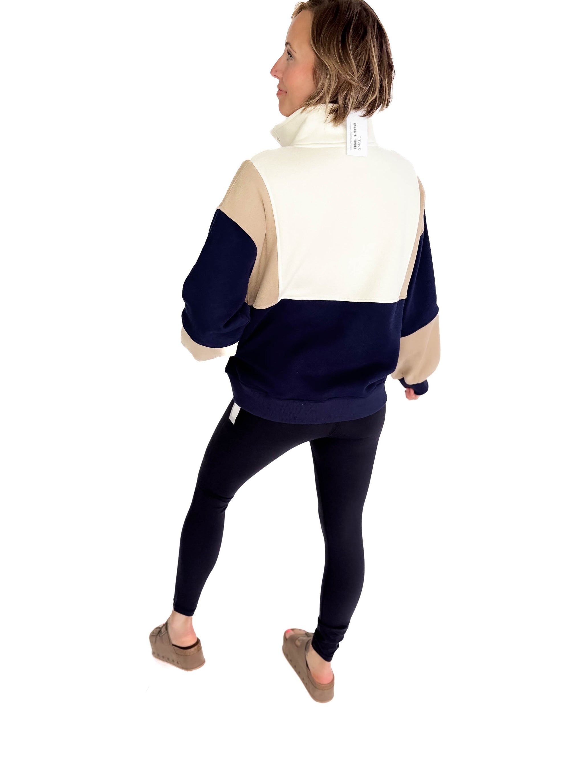 Gloria Premium Fleece Colorblock Pullover- NAVY/TAUPE