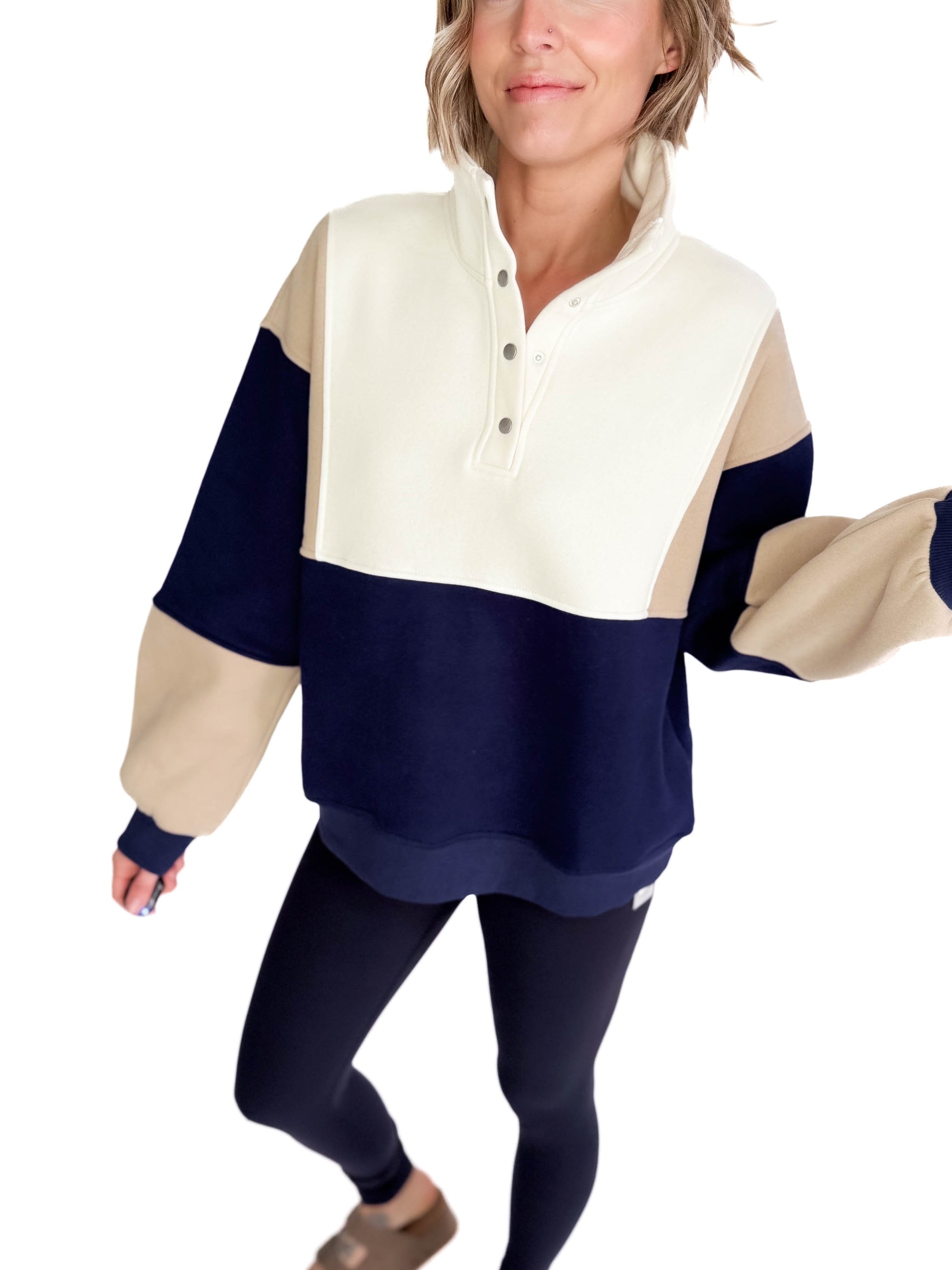 Gloria Premium Fleece Colorblock Pullover- NAVY/TAUPE