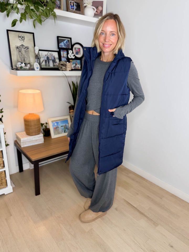 Norah Mock Neck Long Vest- NAVY