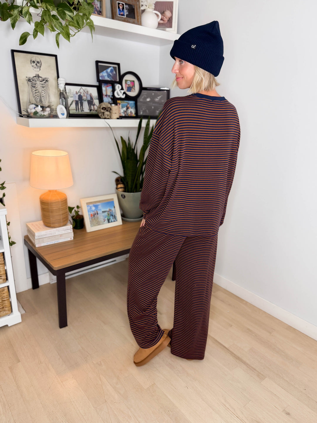 Halston Stretch Cotton Striped Set- BROWN/NAVY