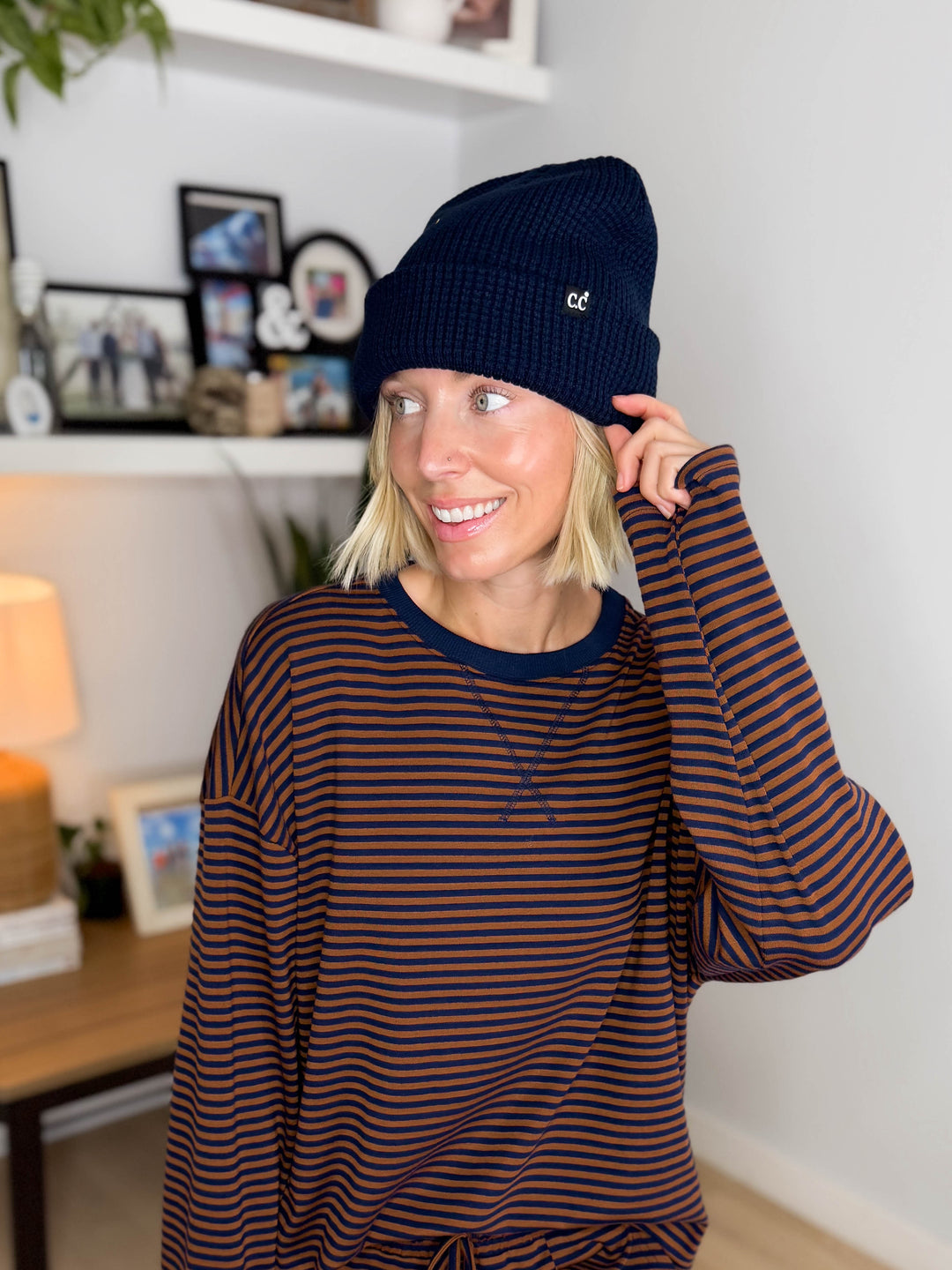 CC Waffle Knit Cuff Beanie- NAVY