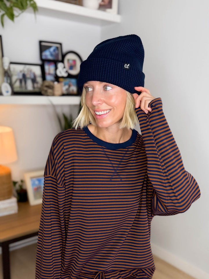 CC Waffle Knit Cuff Beanie- NAVY