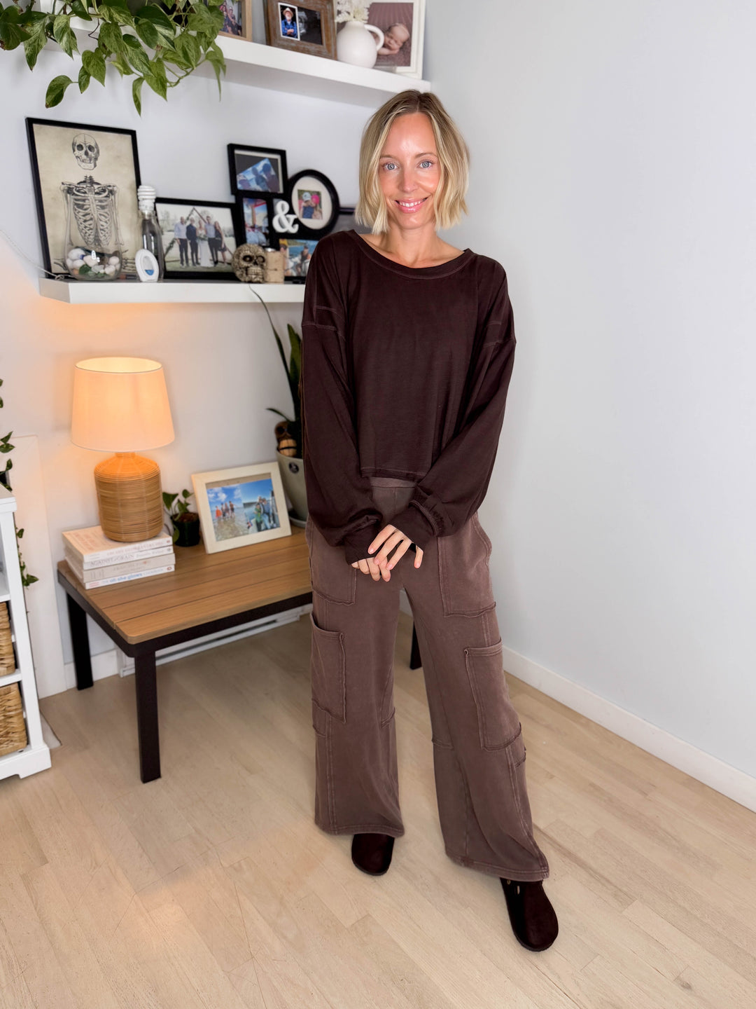 Tilley Cotton Slub Open Back Long Sleeve- ESPRESSO