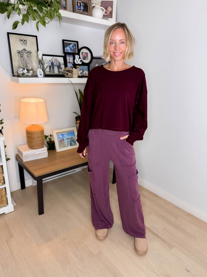 Holt Washed Wide Leg Sweat Pant- DARK CHERRY