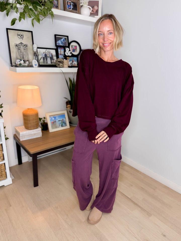 Holt Washed Wide Leg Sweat Pant- DARK CHERRY