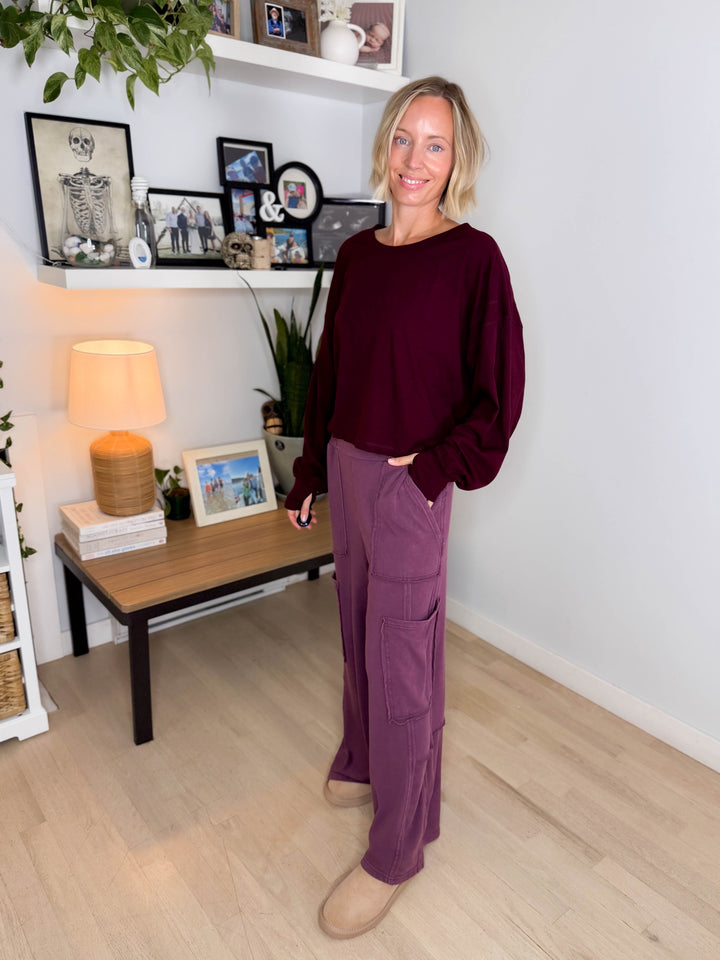 Holt Washed Wide Leg Sweat Pant- DARK CHERRY