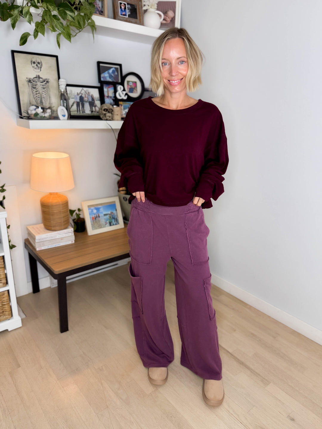 Holt Washed Wide Leg Sweat Pant- DARK CHERRY