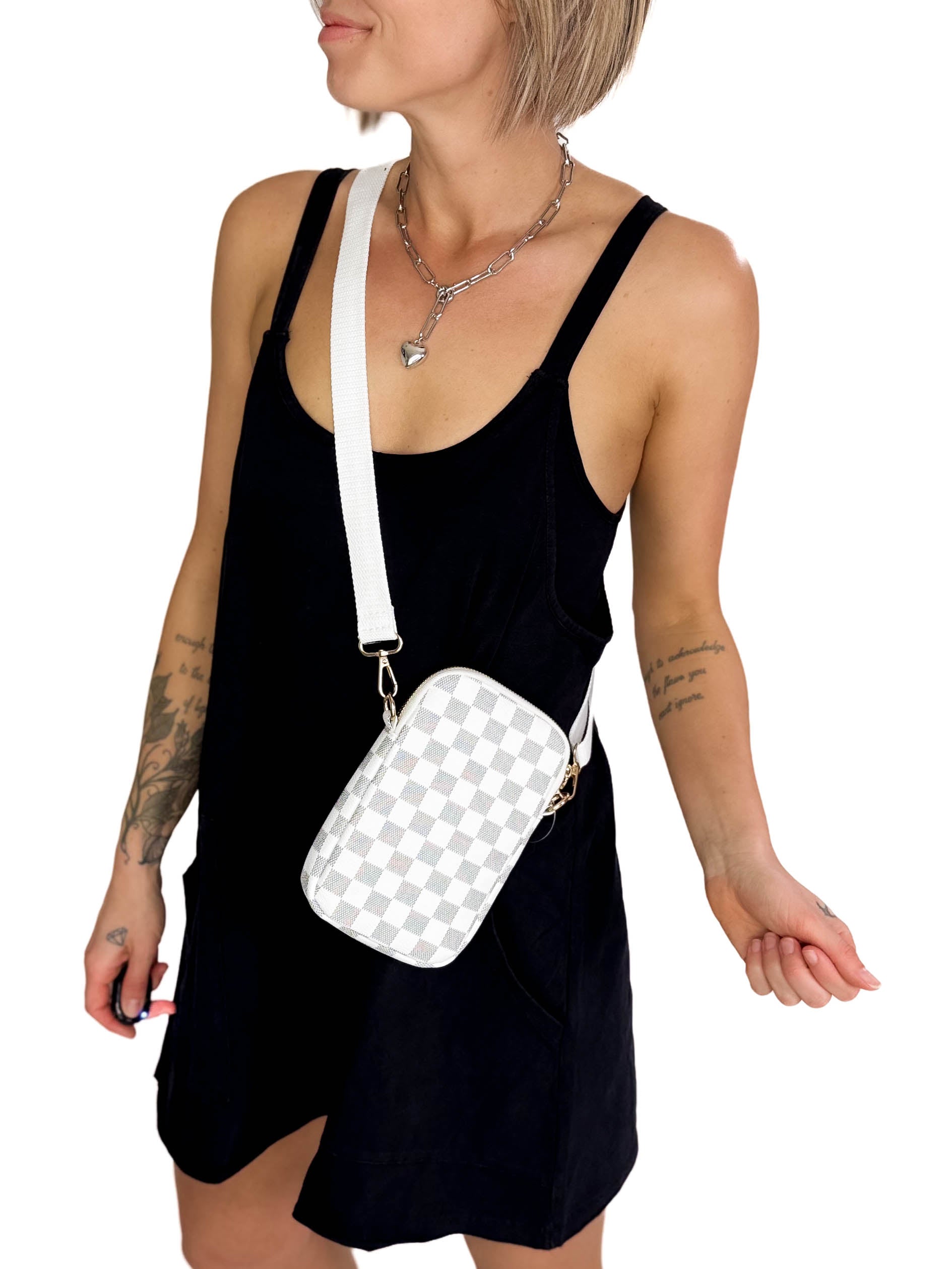 Calypso Faux Leather Checkered Mini Crossbody Bag- WHITE