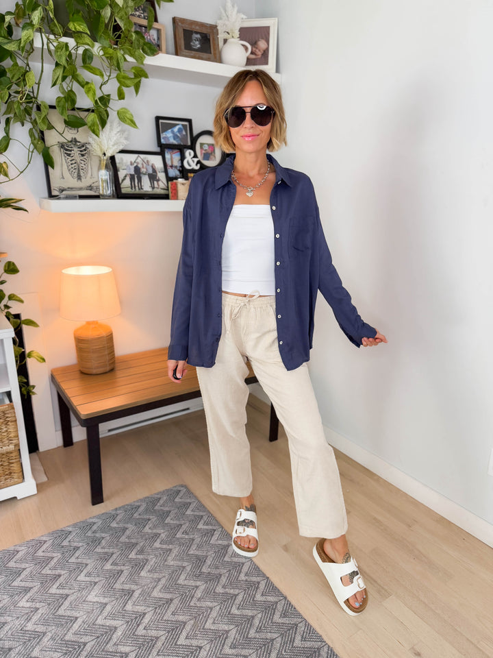 Free Spirit Cotton Blend Button Down- INDIGO