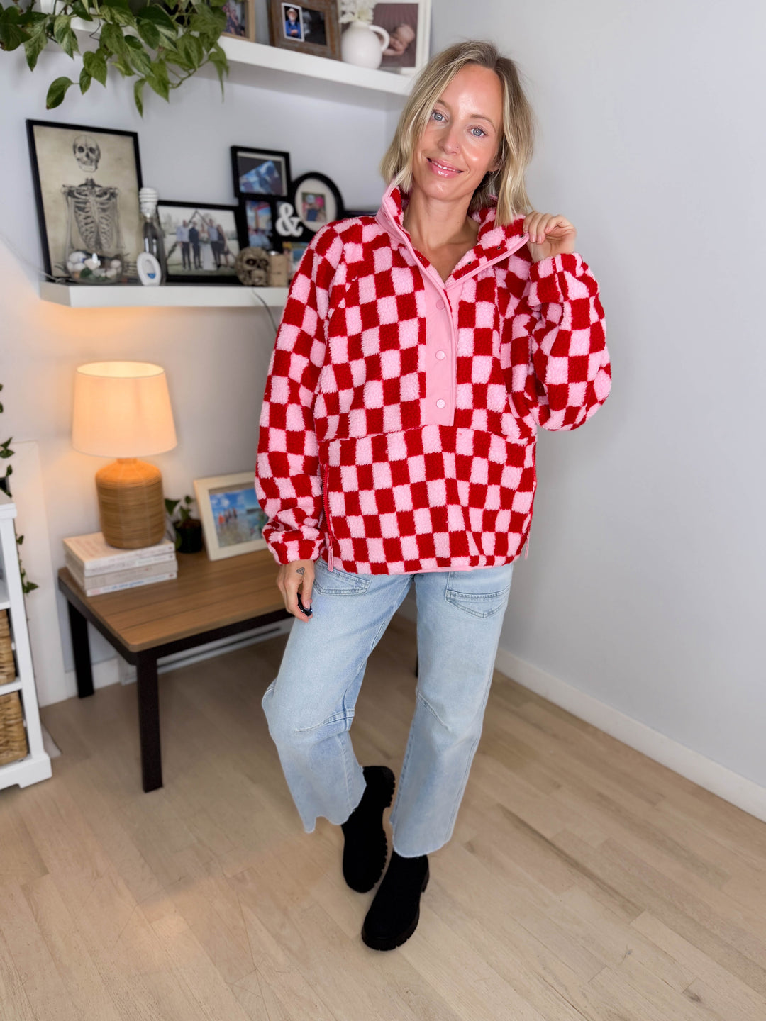 Martha Checkered Fleece 1/2 Snap Pullover- LIGHT PINK/RED