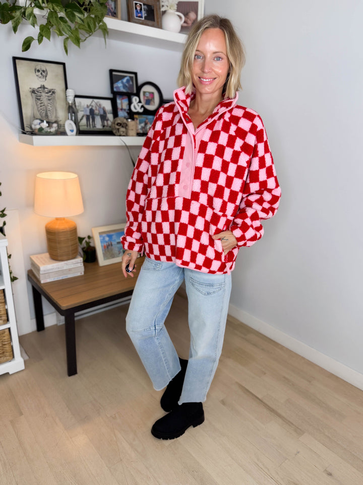 Martha Checkered Fleece 1/2 Snap Pullover- LIGHT PINK/RED