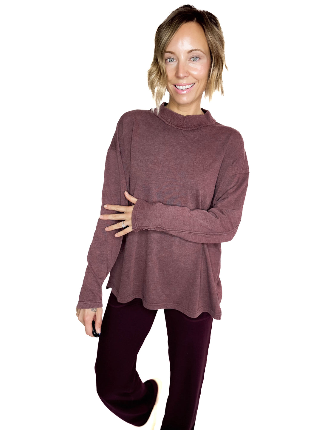 Collete Cotton Blend Mock Neck- DARK CHERRY