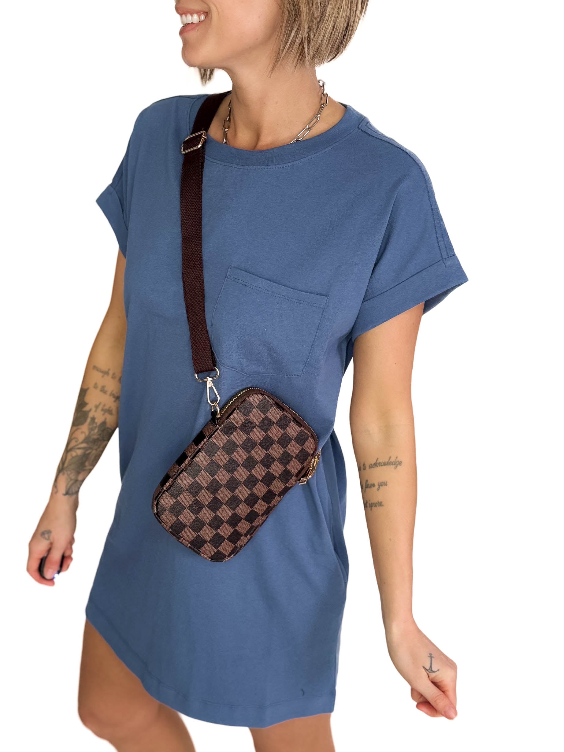 Calypso Faux Leather Checkered Mini Crossbody Bag- BROWN
