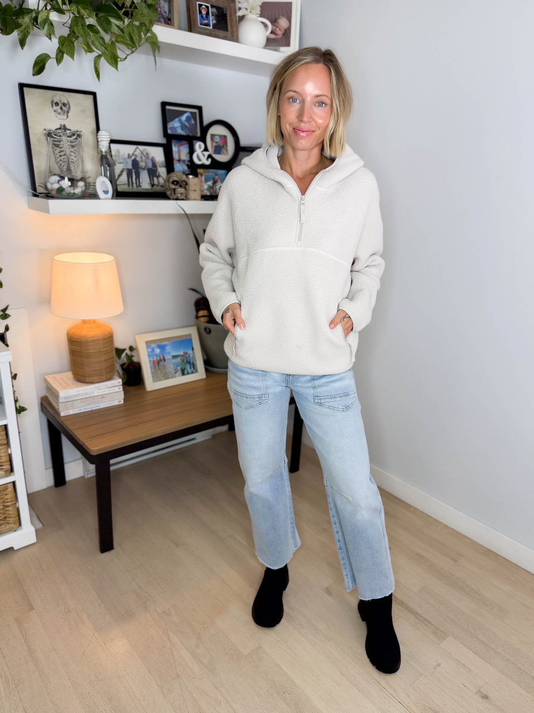 Willa Soft Sherpa Fleece Half Zipper Hoodie Pullover- ECRU