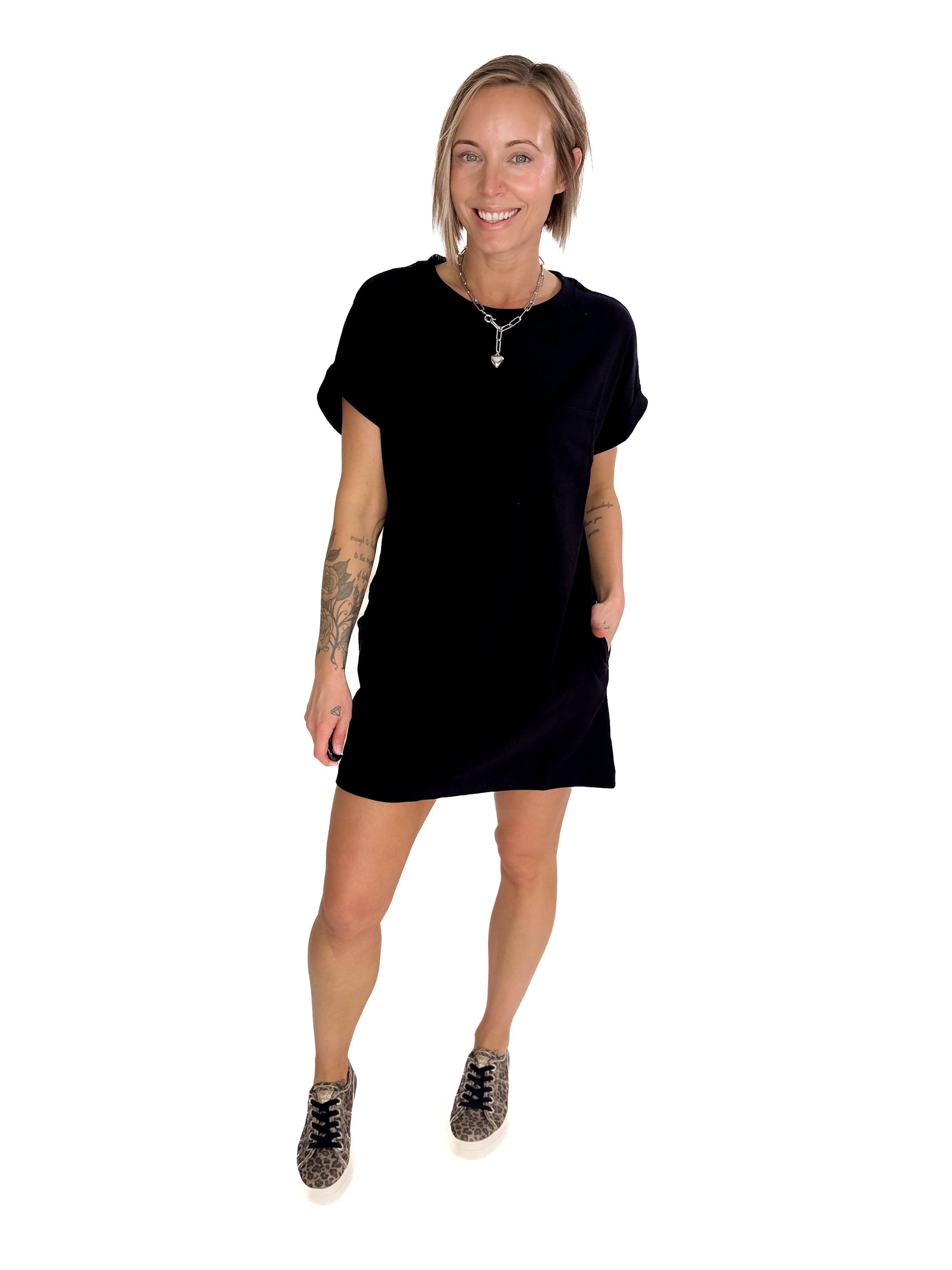 Aylie Cotton Pocket T-Shirt Dress- BLACK