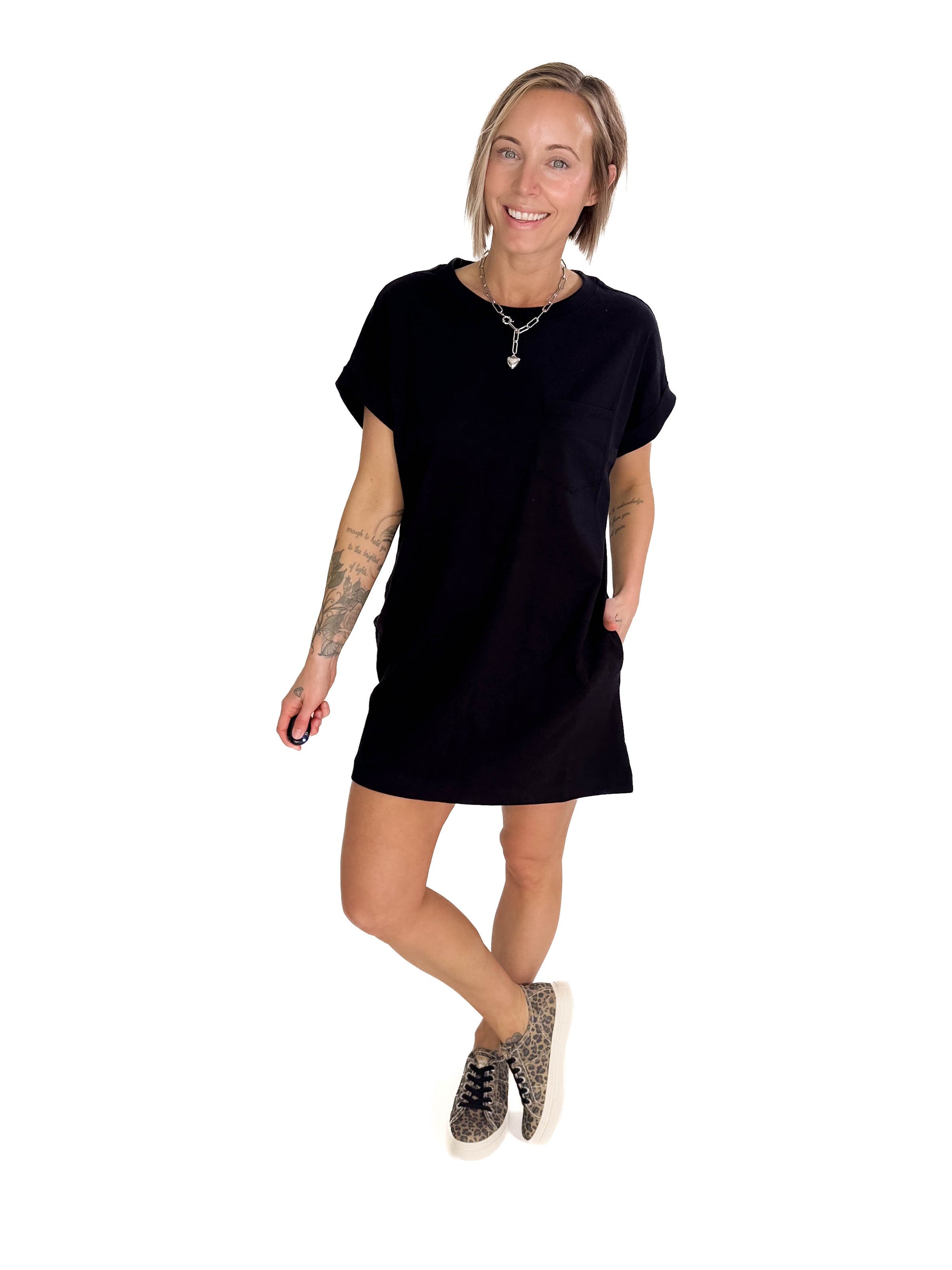 Aylie Cotton Pocket T-Shirt Dress- BLACK
