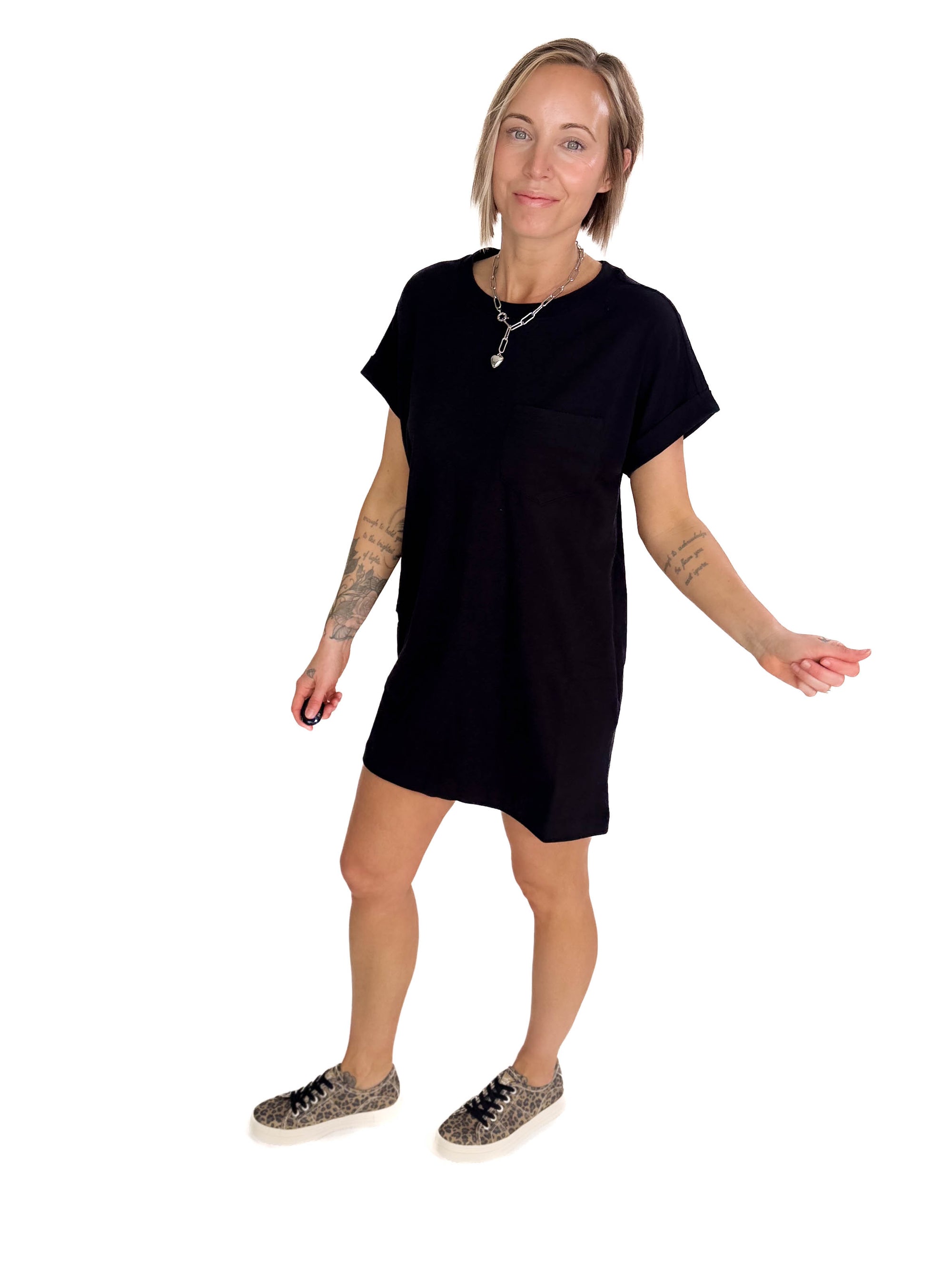 Aylie Cotton Pocket T-Shirt Dress- BLACK