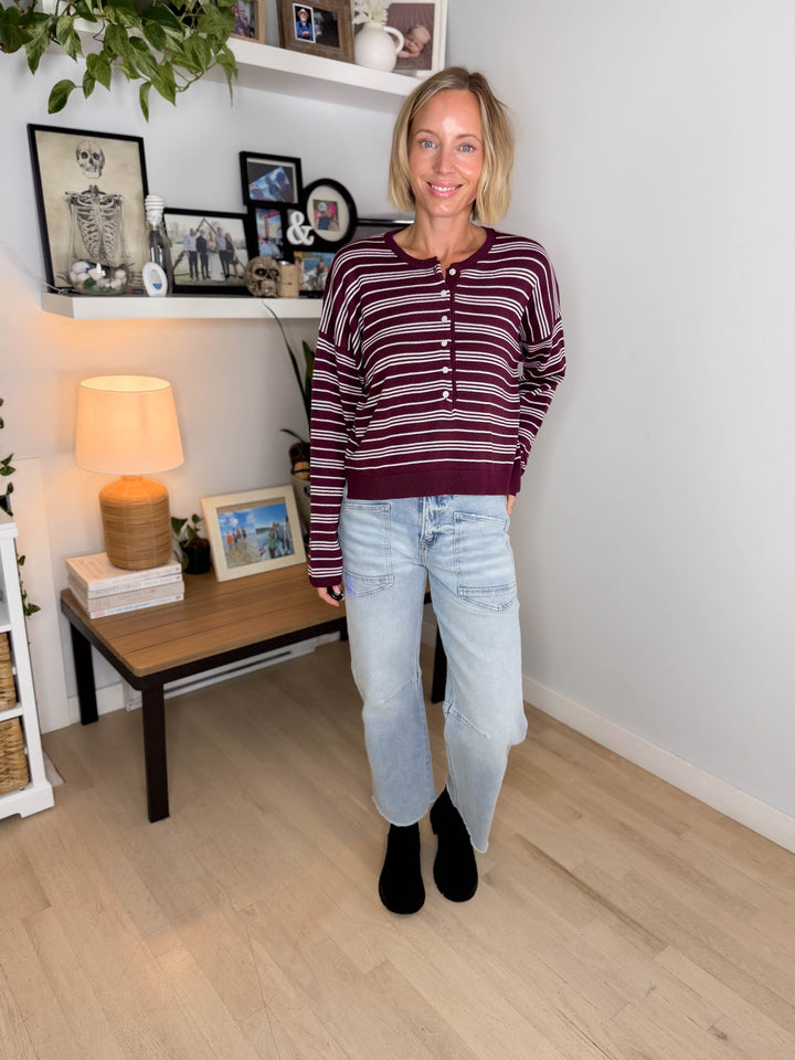 Merrit Stripe Henley Sweater- DARK CHERRY