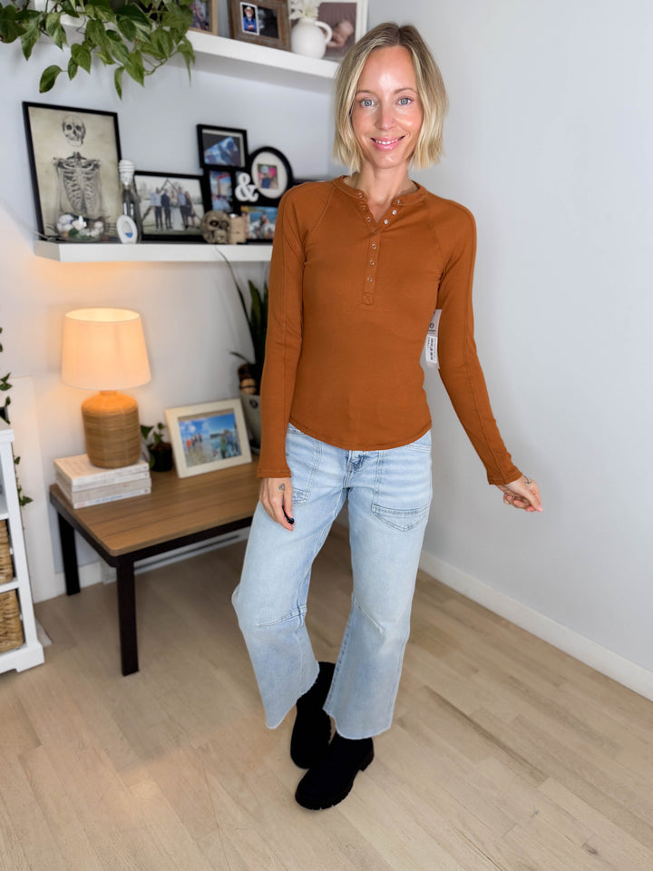 Mono B Diane Essential Long Sleeve Henley Top- GOLDEN HOUR