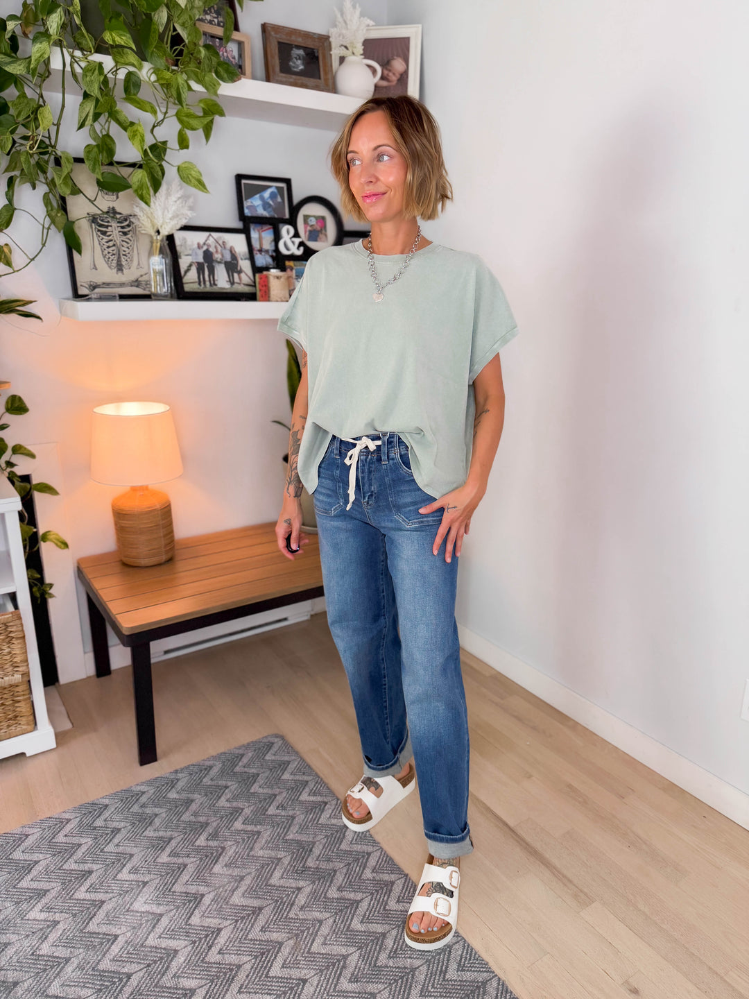 Senara Washed Cotton Cap Sleeve Tee- SAGE GREEN