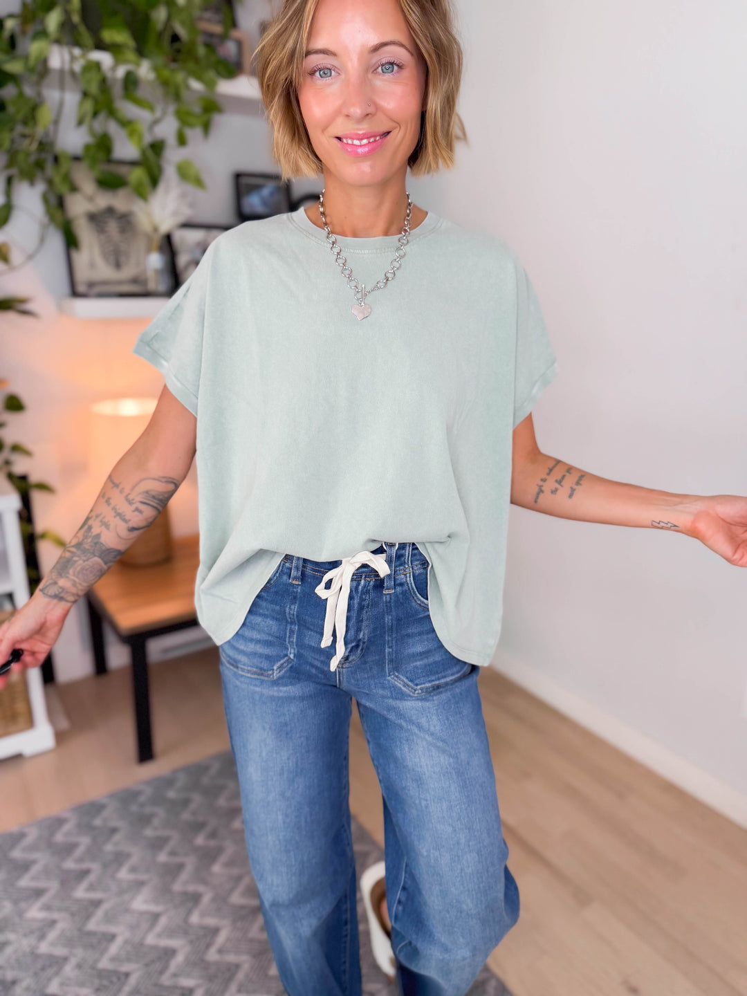 Senara Washed Cotton Cap Sleeve Tee- SAGE GREEN