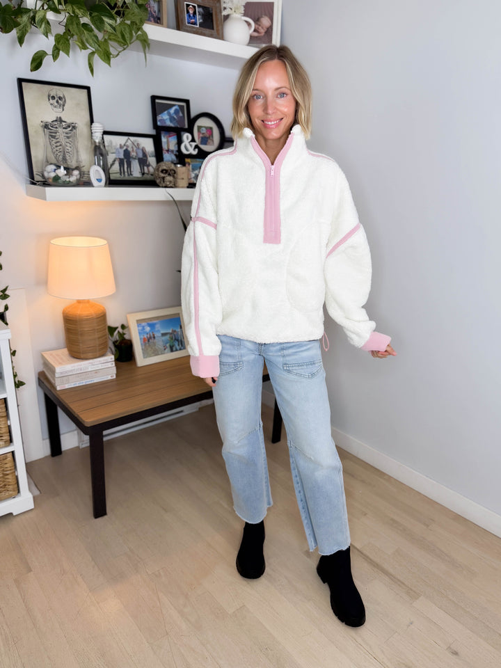 Salem Sherpa Mock Neck Quarter Zip Jacket- IVORY/DUSTY PINK