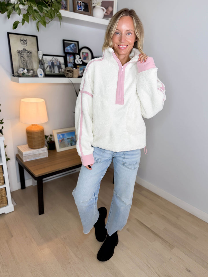 Salem Sherpa Mock Neck Quarter Zip Jacket- IVORY/DUSTY PINK