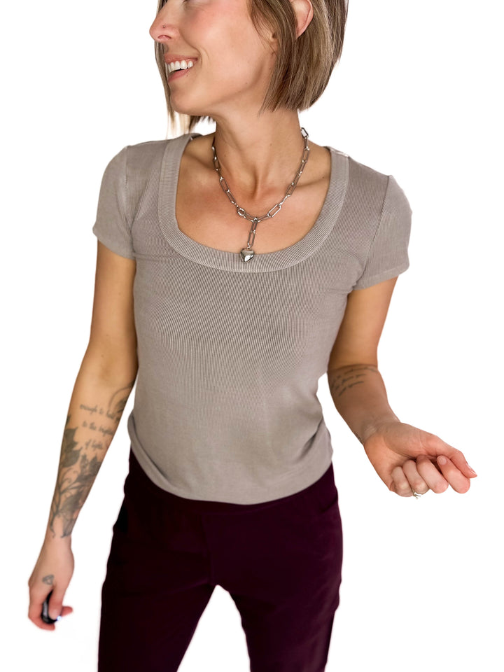 Lauren Basic Scoop Neck Baby Tee- GREY BROWN