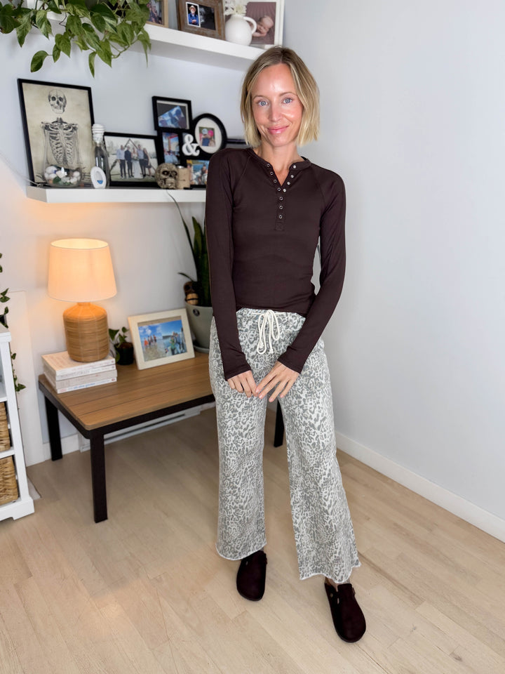 Mono B Diane Essential Long Sleeve Henley Top- COFFEE BEAN