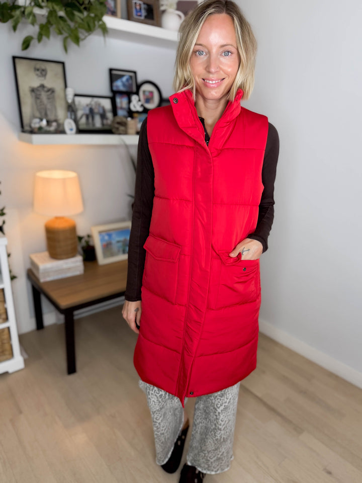 Norah Mock Neck Long Vest- RED